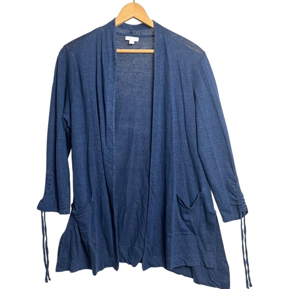 J Jill Love Linen Women's Sz L Petite‎ Slub Knit Open Cardigan Blue